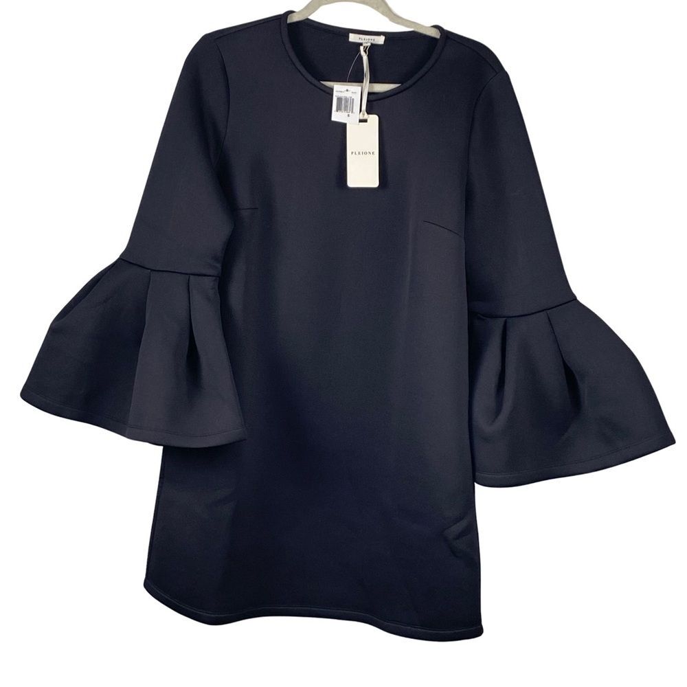 Pleione Black Scuba A-Line Mini Dress Ruffle Bell Sleeve NWT Small